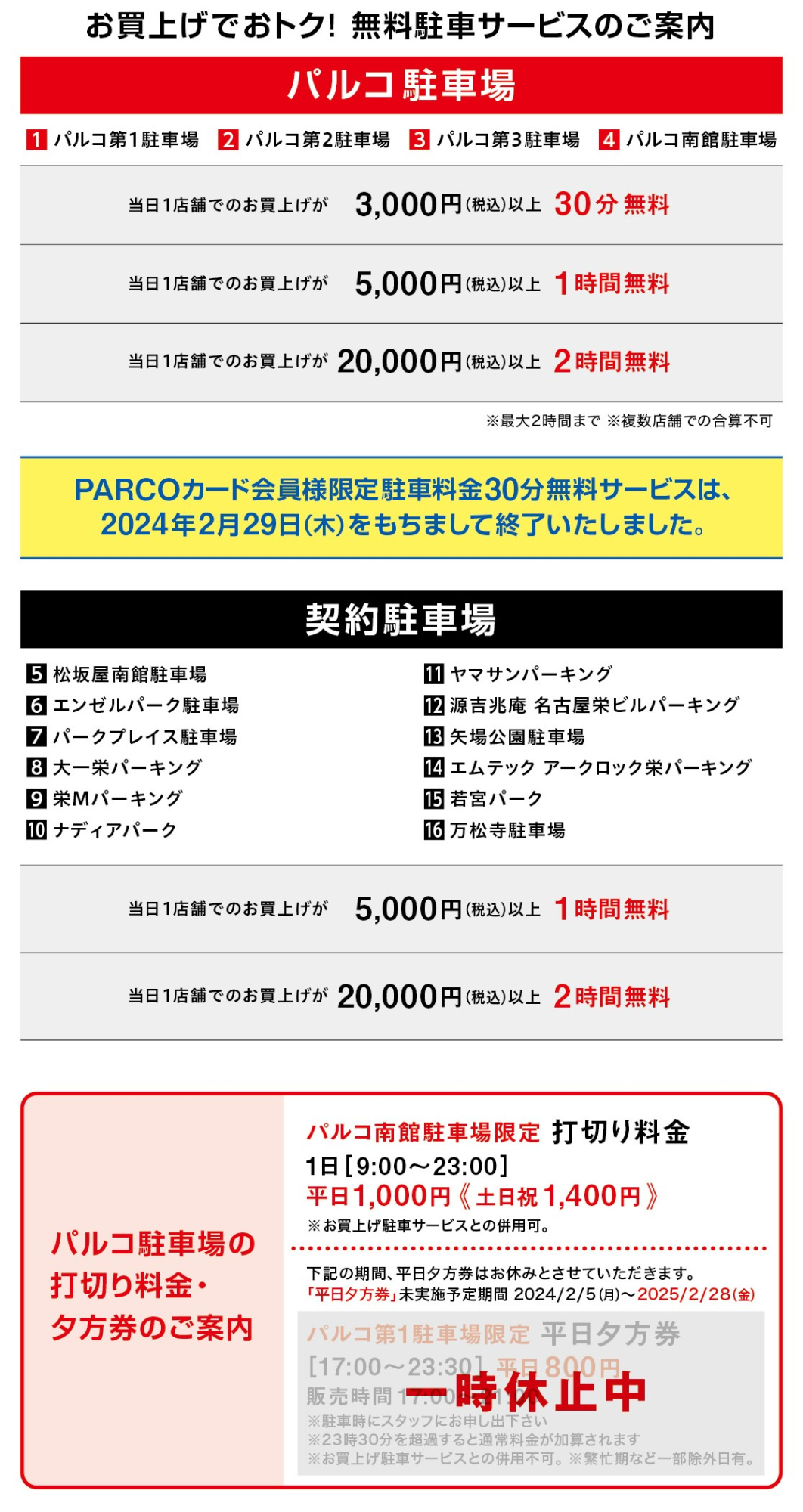 お買上げPARCOカードでおトク！無料の駐車場サービスのご案内