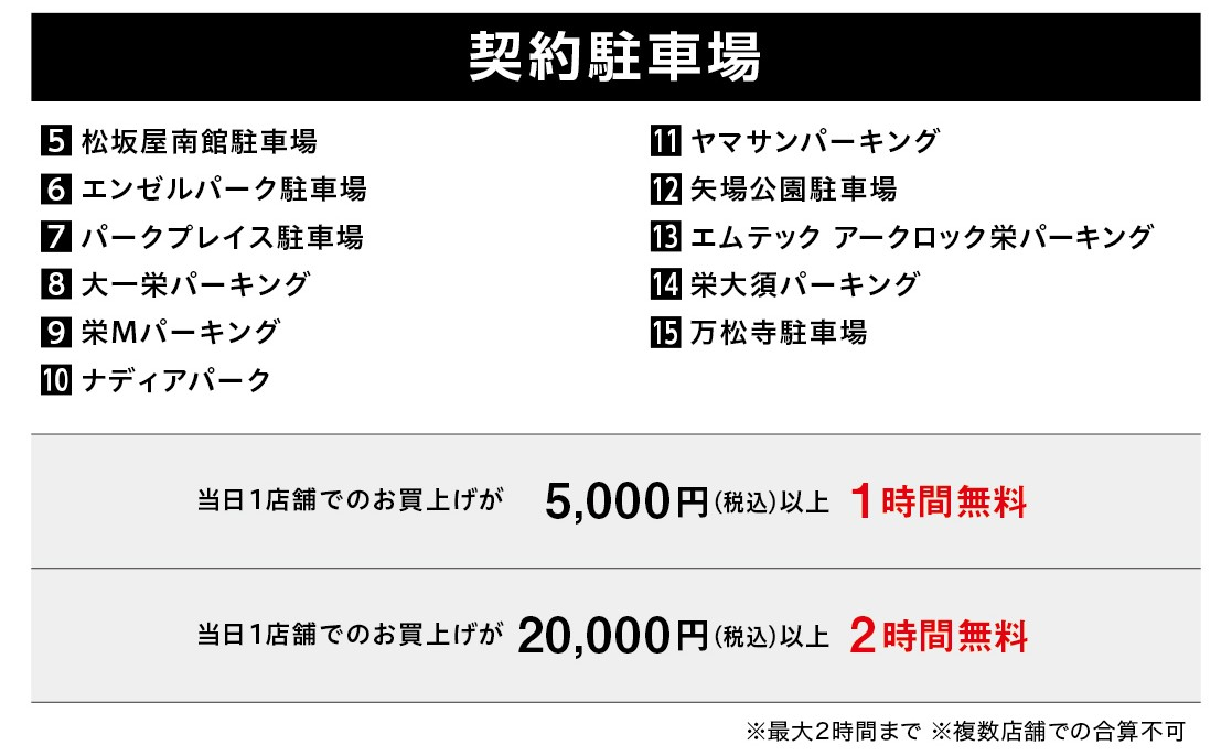 名古屋パルコの無料の駐車場サービス お買上げPARCOカードでおトク!無料の駐車場サービスのご案内